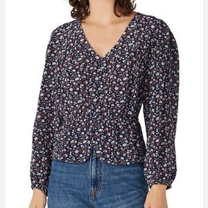 Madewell Navy Floral V-Neck Blouse 100% Silk Long Sleeves Front Button